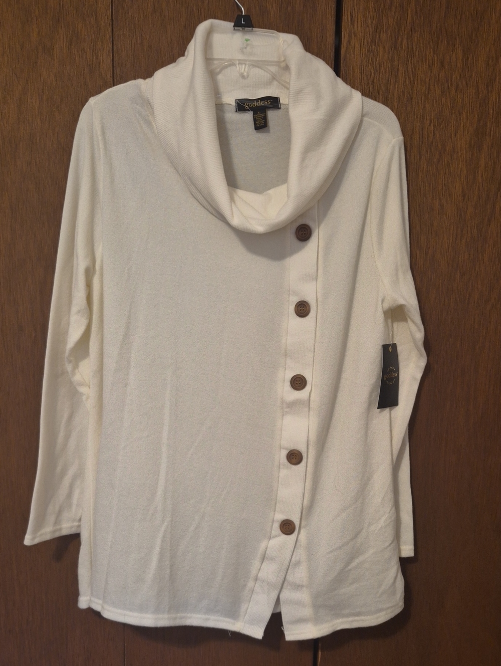 NWT Goddess Cream Cowl Neck Button-Front Sweater SZ L